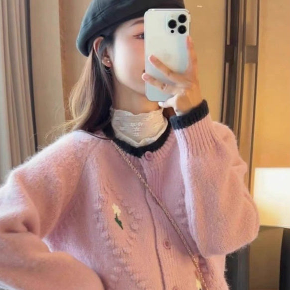 Embroidered Flower Sweater Coat For Women