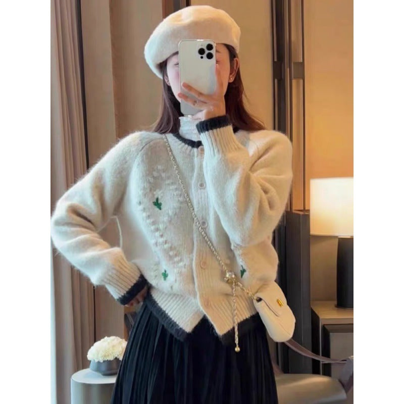 Embroidered Flower Sweater Coat For Women